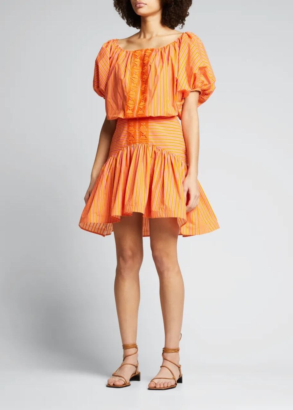Silvia Tcherassi Nervi Orange Striped Embroidered Off Shoulder Ruffle Dress S